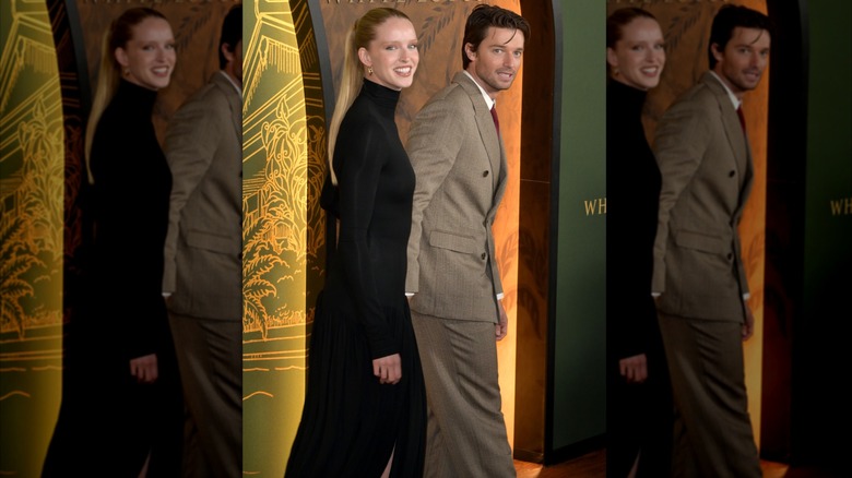 Abby Champion and Patrick Schwarzenegger attending the 2025 White Lotus premiere.
