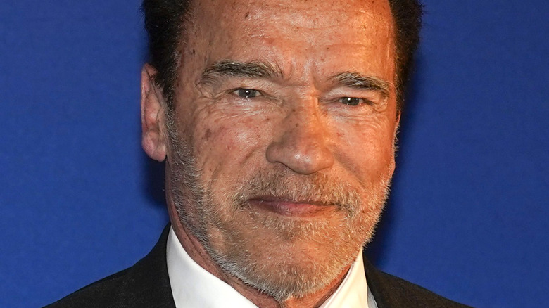 Arnold Schwarzenegger grinning with scruff