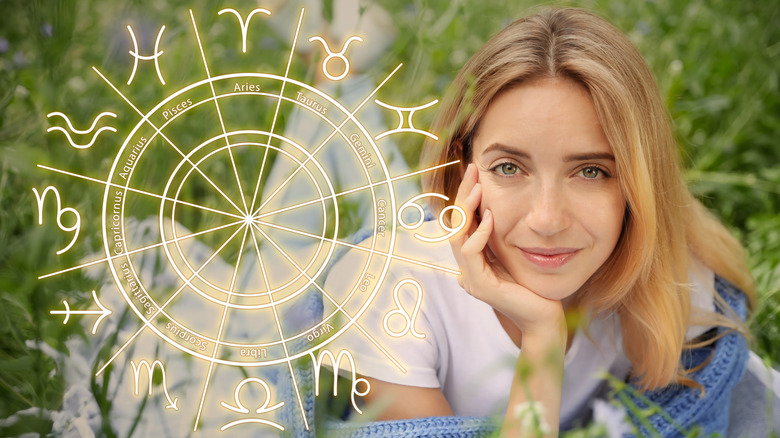 A woman and the zodiac wheel. 