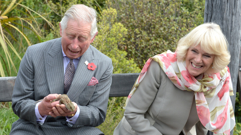 Prince Charles and Camilla Parker Bowles laughing on a bench while Charles holds a tuatara reptile