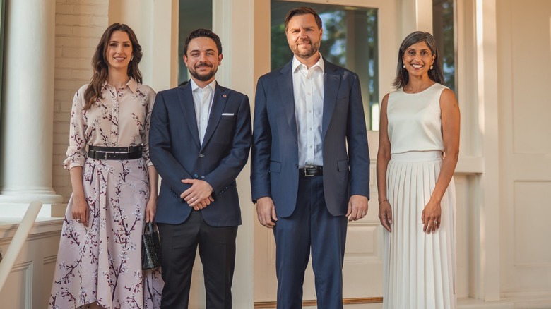 Hussein bin Abdullah II, and his wife, Princess Rajwa Al-Hussein, alongside JD Vance and Usha Vance, in September 2025.
