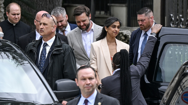 JD Vance and Second Lady Usha Vance are seen departing Basilica Papale di San Paolo Fuori le Mura (Basilica of Saint Paul Outside the Walls) after attending Easter mass on April 20, 2025 in Rome, Italy.