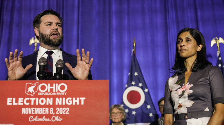 JD Vance speaks to supporters with wife Usha Vance at an election watch party at the Renaissance Hotel on November 8, 2022 in Columbus, Ohio