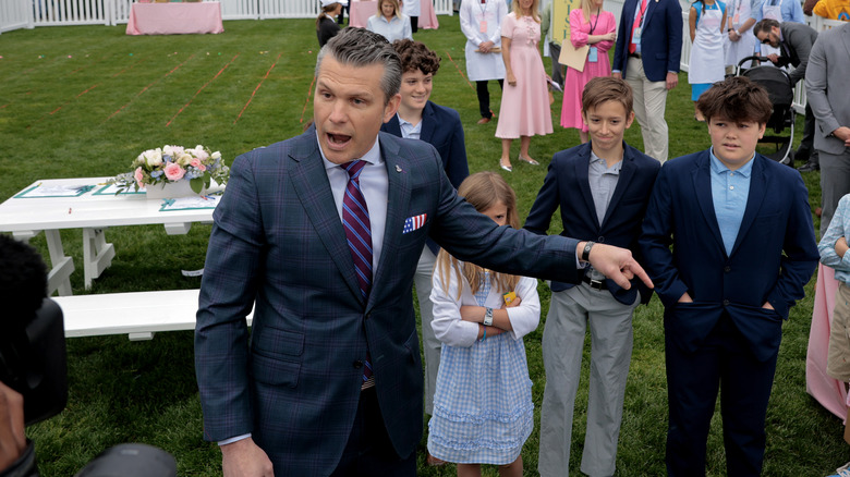 Secretary of Defense Pete Hegseth speaks to reporters during the White House Easter Egg Roll on the South Lawn of the White House on April 21, 2025 in Washington, DC.