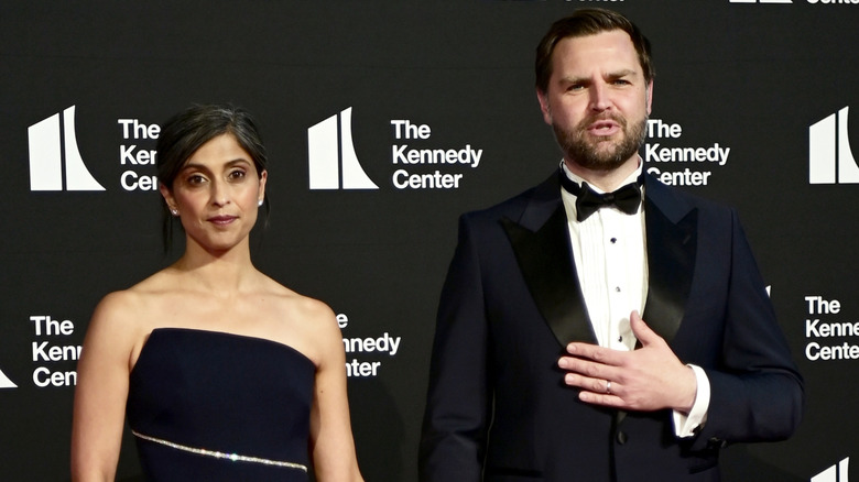 Usha Vance and JD Vance posing outside the Kennedy Center