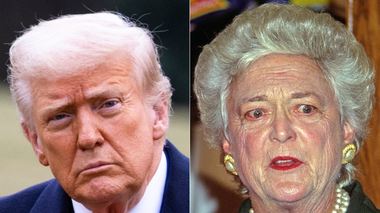Donald Trump posing while wearing a suit and Barbara Bush wearing a dark green outfit.