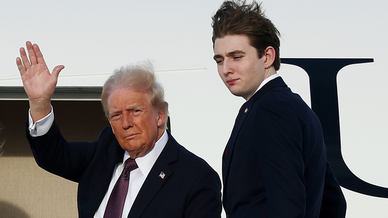 image of Donald Trump and Barron Trump about to enter an airplane was the wind agitates their hair