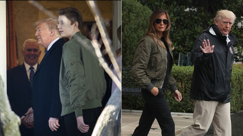 Barron and Donald Trump walking at the White House with Barron in a green jacket and later Melania and Donald Trump walking at the White House with Melania in a green jacket