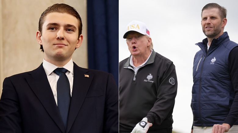Side-by-side photos of Barron Trump and Donald Trump & Eric Trump