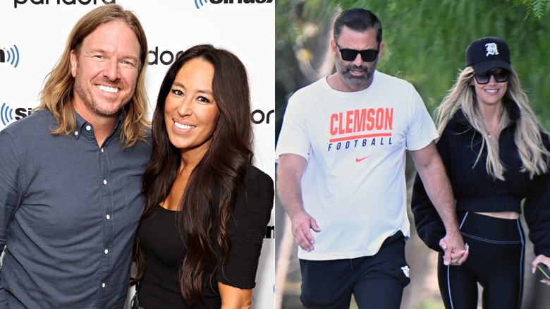 Split image of Joanna and Chip Gaines posing and Christina Haack and Chris Larocca jogging