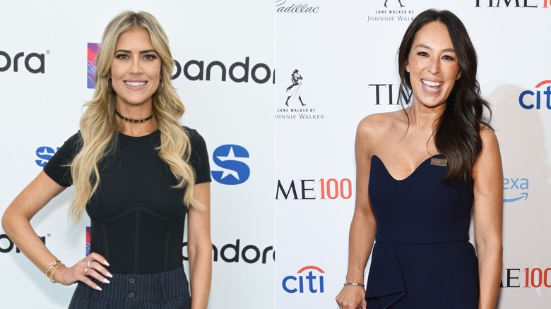Split image of Joanna Gaines and Christina Haack smiling, wearing black