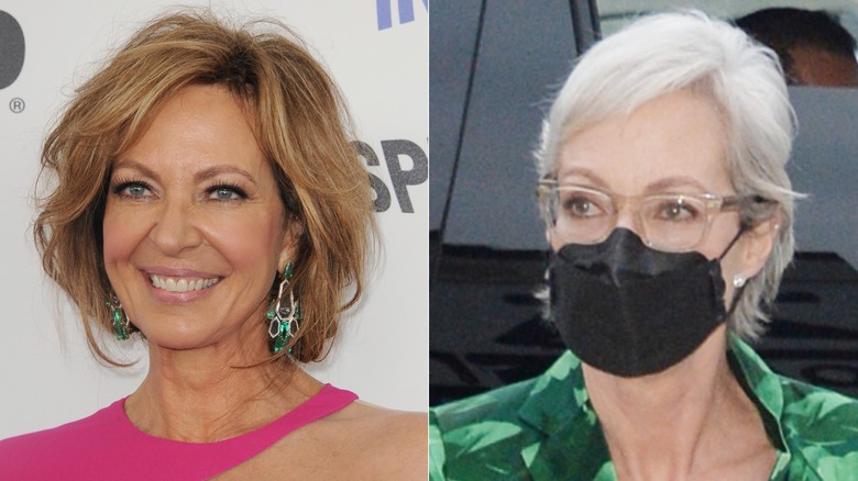 Allison Janney with honey hair and gray hair in 2021 while wearing a mash