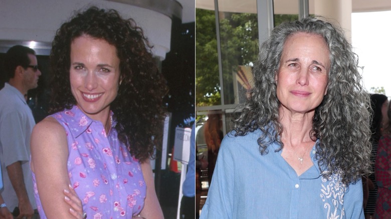 Andie MacDowell with dark hair and Andie MacDowell with gray hair