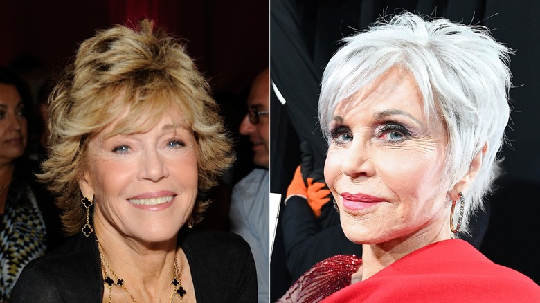 Jane Fonda with a blond bixie & Jane Fonda with a gray pixie