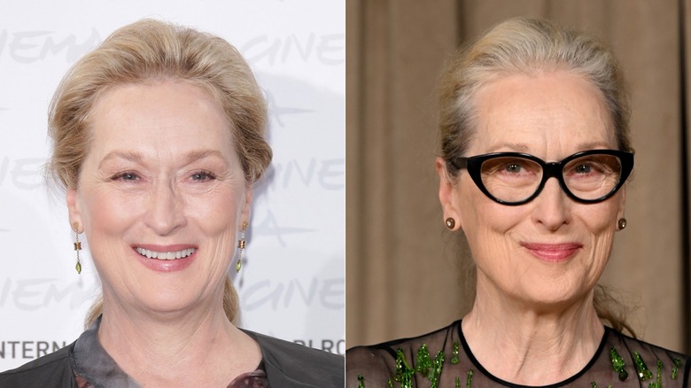 Meryl Streep with blond hair pulled back & Meryl Streep with gray hair pulled back