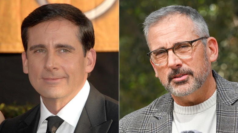 Steve Carrell at a red carpet event with dark hair and Steve Carrell with gray hair