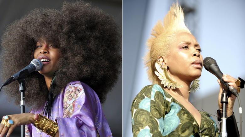 Side by side photos of Erykah Badu singing.