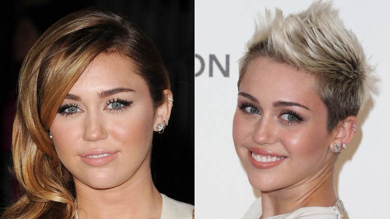 Side by side photos of Miley Cyrus smiling and posing.