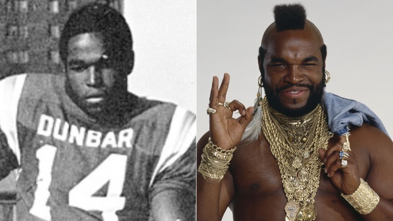 Side by side photos of Mr. T posing.