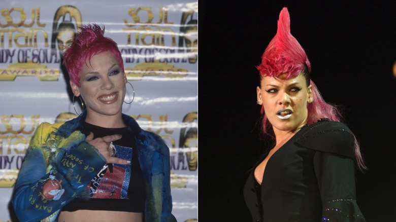 Side by side photos of Pink smiling and posing.