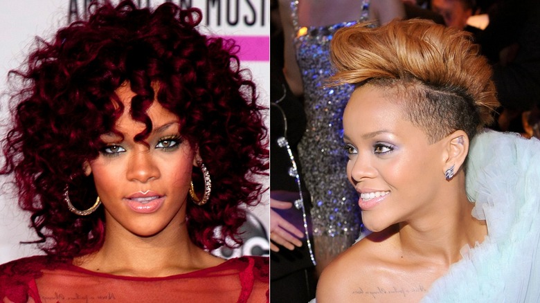 Side by side photos of Rihanna smiling.
