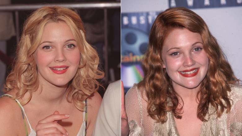 side-by-side of Drew Barrymore as a blonde and redhead