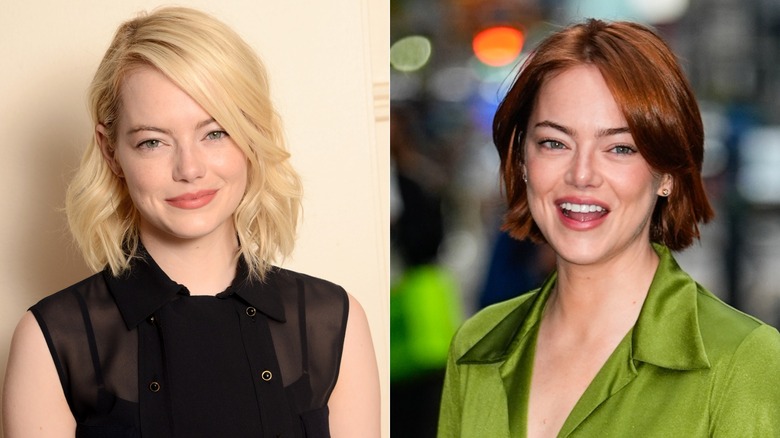 side-by-side of Emma Stone as a blonde and redhead