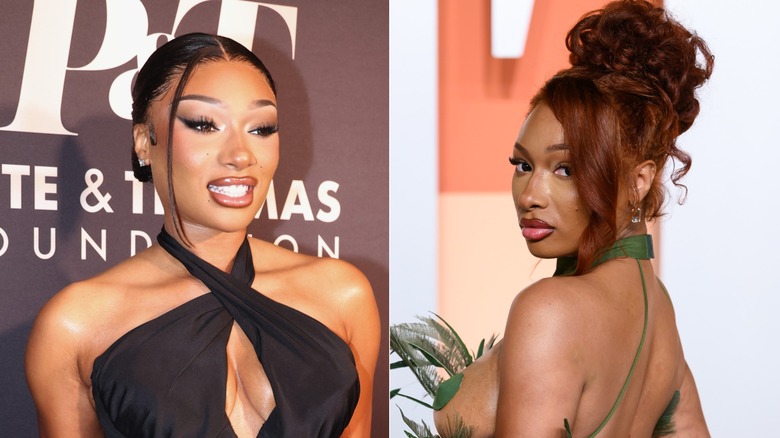 side-by-side of Megan Thee Stallion as a brunette and redhead