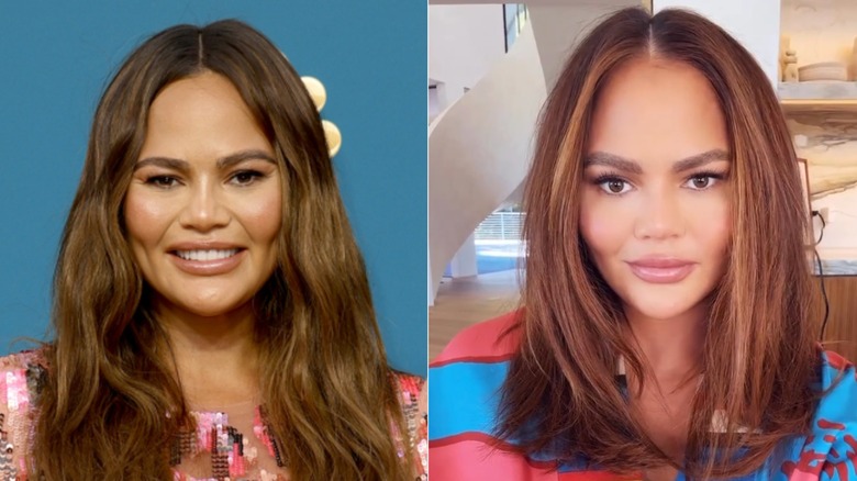side-by-side of Chrissy Teigen as a brunette and redhead