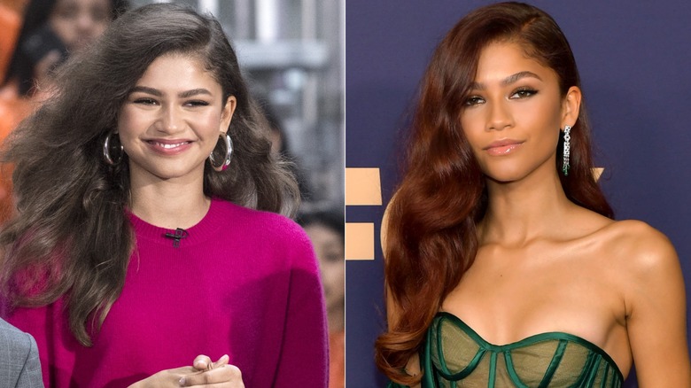 side-by-side of Zendaya as a brunette and redhead