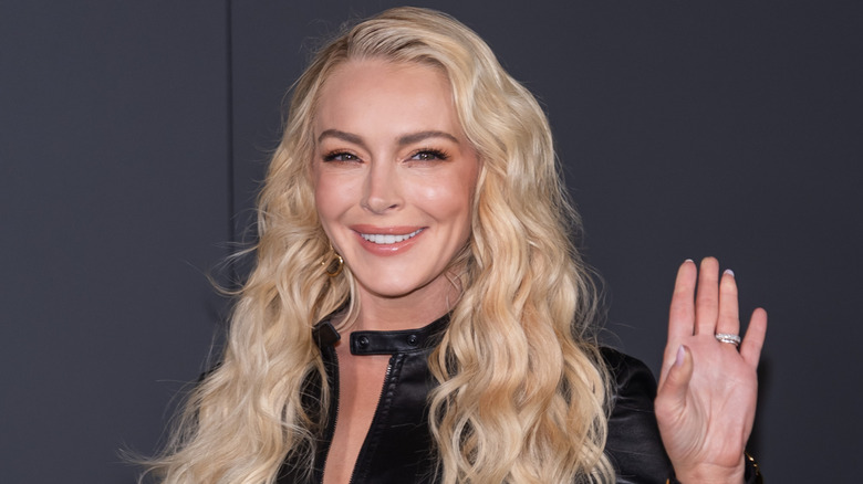 Lindsay Lohan in a black leather jacket