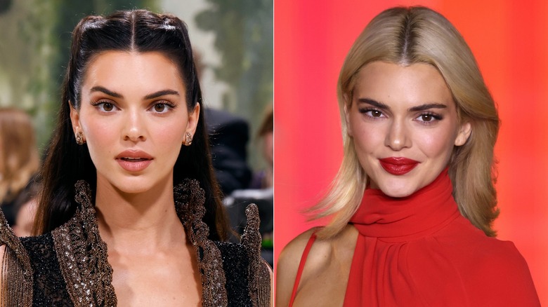 side-by-side photos of Kendall Jenner with brown hair and blond hair