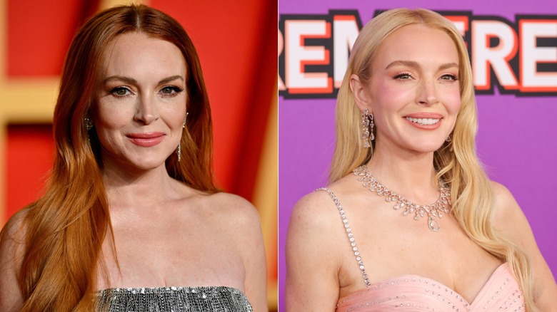 side-by-side photos of Lindsay Lohan with red hair and blond hair