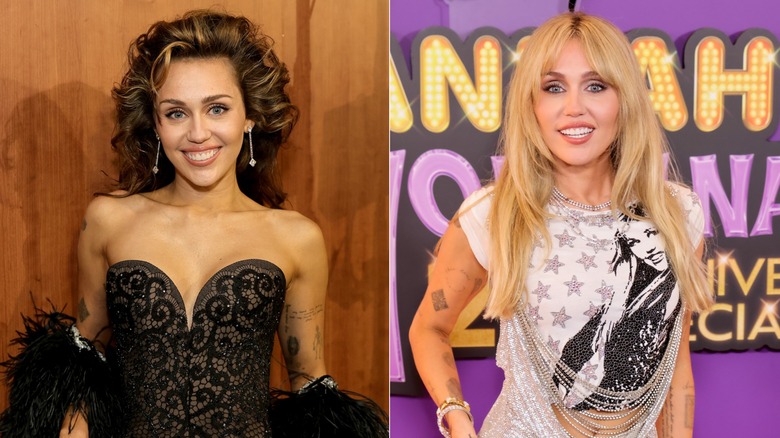 side-by-side photos of Miley Cyrus before and after dying her hair blond