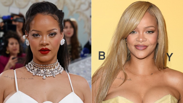 side-by-side photos of Rihanna with brown hair and blond hair