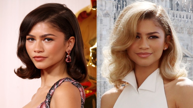 side-by-side photos of Zendaya with brown and blond hair