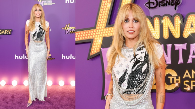 Miley Cyrus wearing a silver dress with her face on it