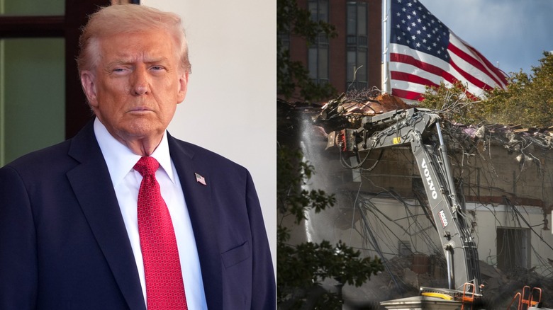 President Donald Trump waits for the arrival of Prime Minister of Australia Anthony Albanese at the White House on October 20, 2025 in Washington, DC (left), the East Wing of the White House is demolished (right).