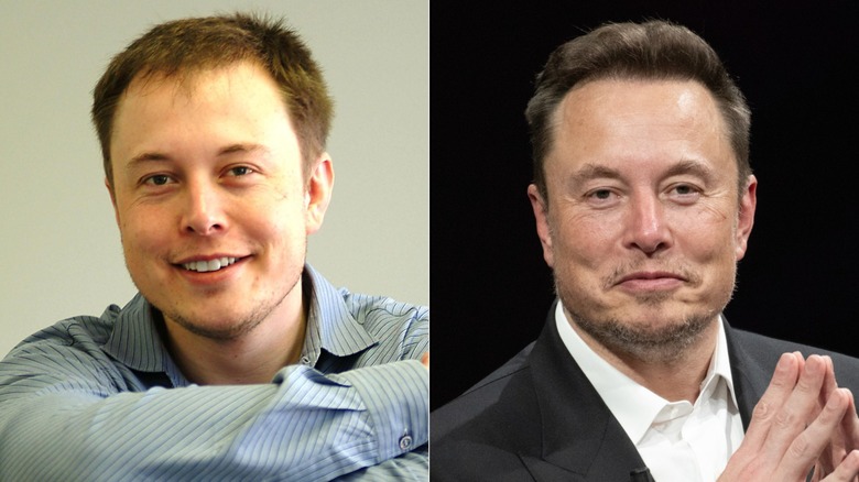 Young Elon Musk smiling and Elon Musk with a smirk against a black background.