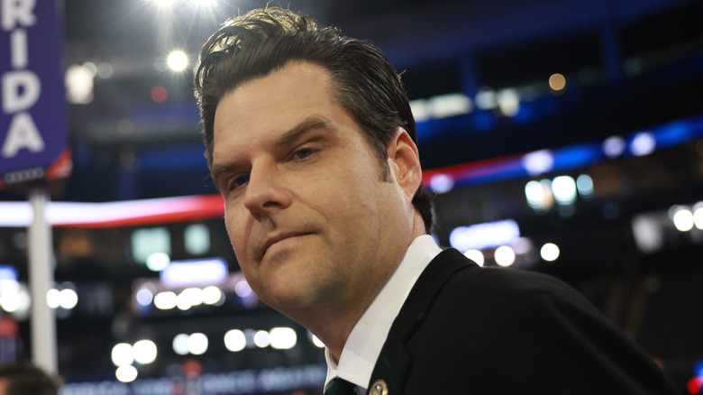 Close up of Matt Gaetz in an arena like area.