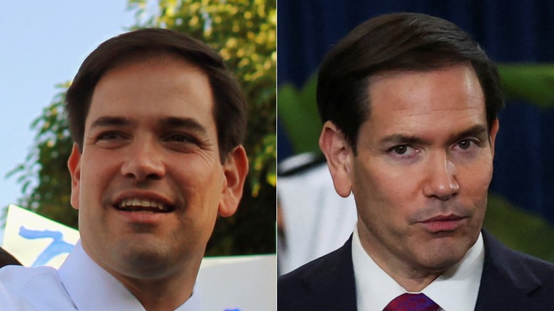 Marco Rubio smiling outside and Marco Rubio with a pointed look against a blue background.