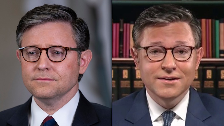 Mike Johnson smiling against a white background next to Mike Johnson in a library.