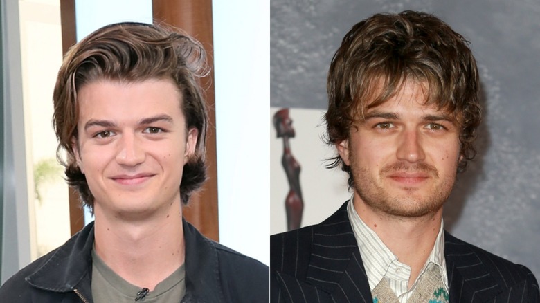Close up of Joe Keery with big hair beside close up of older Joe Keery with scruff.