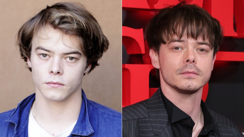 Close up of young Charlie Heaton in blue top beside image of close up of Charlie Heaton in 2025.