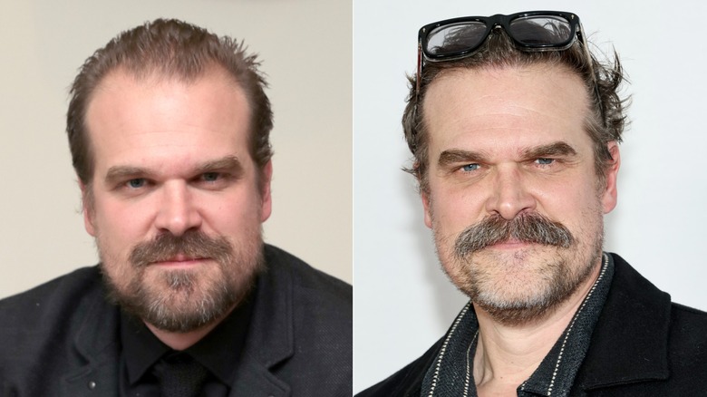 Cose up of David Harbour in an all black suit beside close up of David Harbour with a mustache