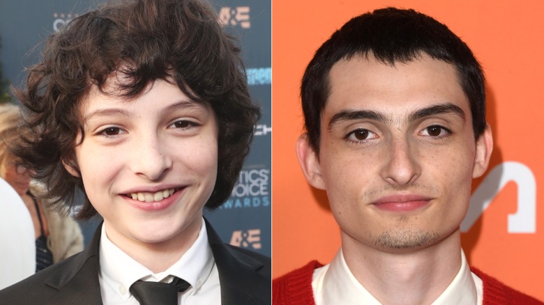 Close up of Finn Wolfhard with curly hair next to older Finn Wolfhard with a short cut