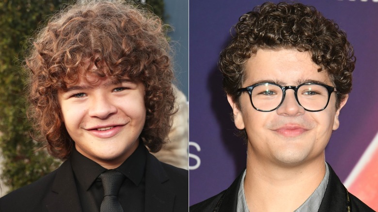 Young Gaten Matarazzo next to close up of older Gaten Matarazzo with shorter hair and glasses