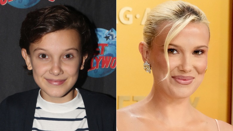 Close up of young Millie Bobby Brown with brown hair next to close up of 2025 Millie Bobby Brown with blonde hair