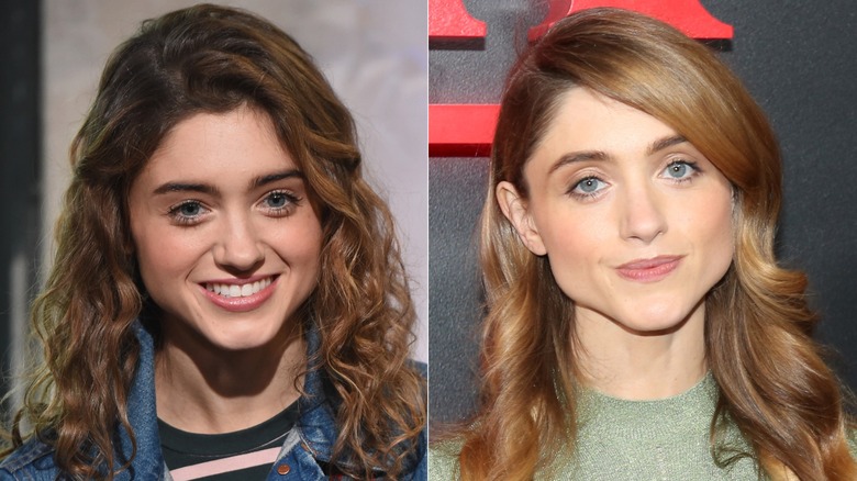 Close up of young Natalia Dyer with curly hair beside close up of 2025 Natalia Dyer