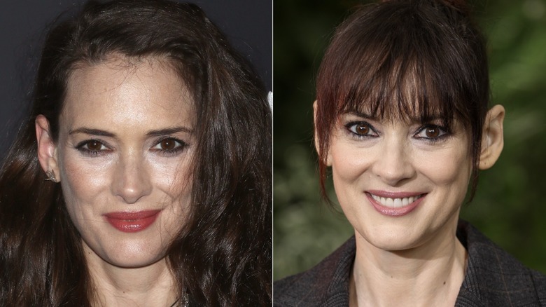 Close up of Winona Ryder with her hair down beside close up of Winona Ryder with her hair pulled back
